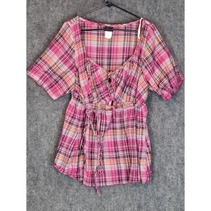 Torrid Plaid Top Pink Orange Brown Square Neck Tie Waist Sz 3XL Plus Cottagecore